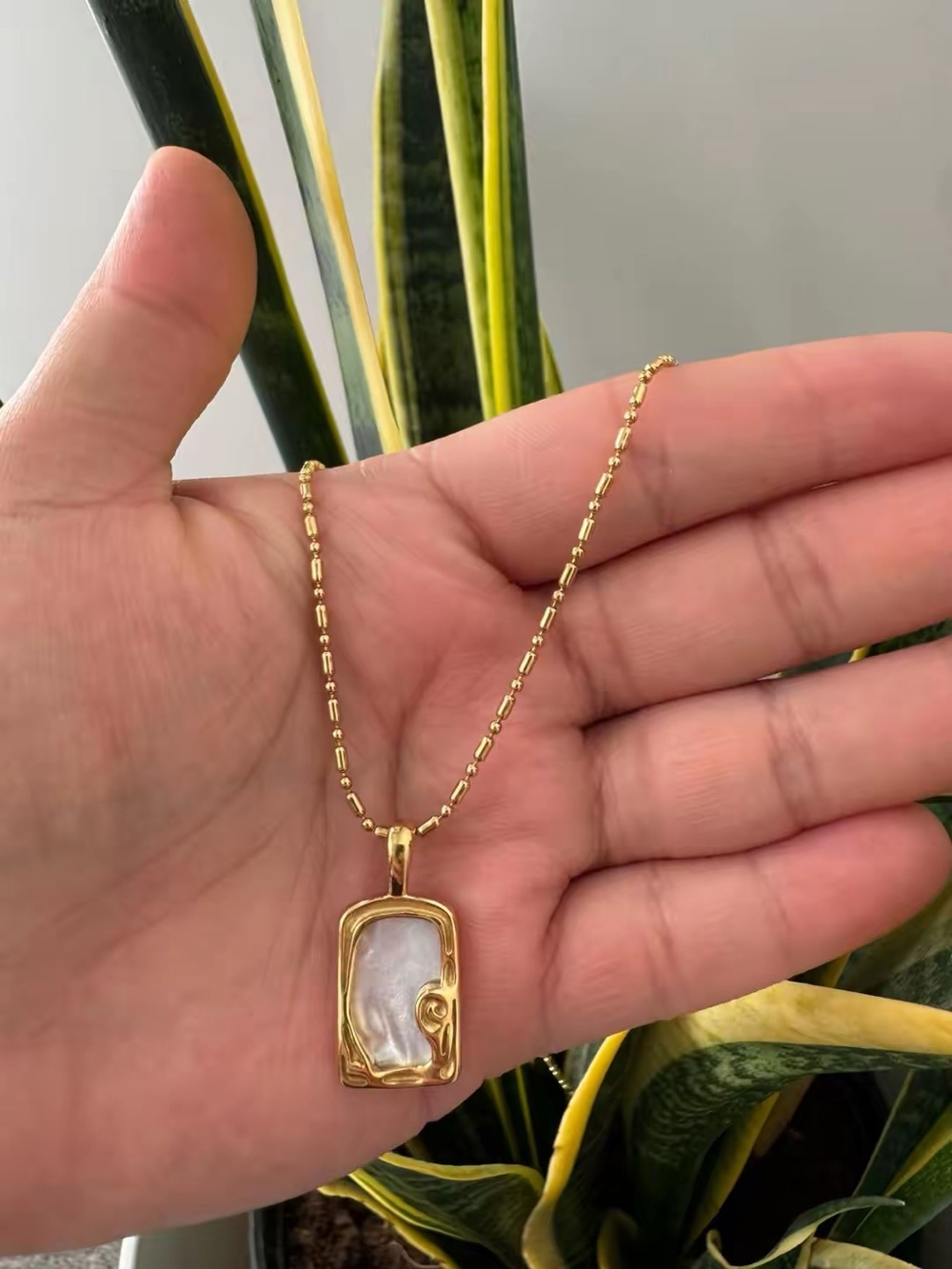 Gold Pendant Necklace with Mother of Pearl Inlay - Women Jewelry